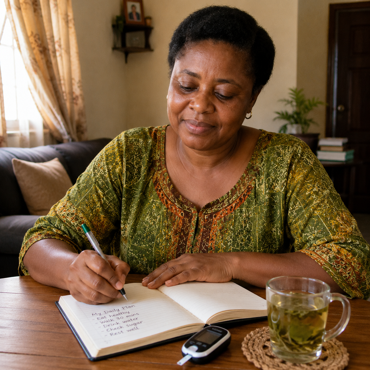 Adaeze Nwosu writing her daily diabetes plan